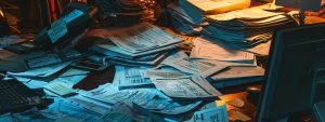 a dramatic close-up of a chaotic medical billing office, featuring rejected claim forms scattered across a cluttered desk, illuminated by harsh overhead fluorescent lights, embodying the tension of unresolved denials in healthcare.
