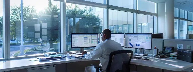 a sleek, modern office environment showcases a focused medical billing and coding professional at their computer, illuminated by soft, natural light streaming through large windows, highlighting stacks of neatly organized paperwork and vibrant charts depicting hourly earnings in the healthcare industry.