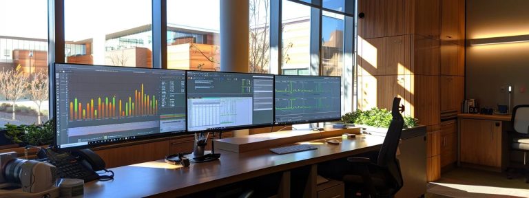 a sleek, modern workspace featuring a large computer screen displaying vibrant medical billing software interfaces, illuminated by natural light streaming through a nearby window, conveying efficiency and professionalism for small business operations.