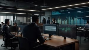 a dynamic office environment showcasing a diverse team engaged in strategic discussions around digital screens displaying graphs and analytics, symbolizing the growth and efficiency achieved through outsourced revenue cycle management services.