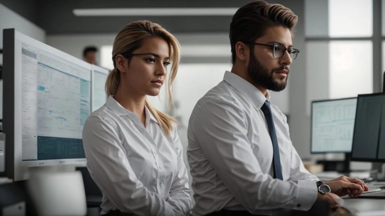 a modern office space filled with bright natural light showcases a focused medical billing professional diligently analyzing charts and digital reports on a sleek workstation, emphasizing efficiency in small practice management.