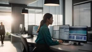 a professional medical billing office bathed in natural light, featuring a focused employee intently analyzing charts and modifiers on a sleek, modern computer screen.