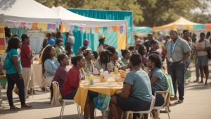 a vibrant and informative scene depicting a diverse group of people gathered at a community health fair, engaged in lively discussions about vaccinations, with colorful banners and health resources creating an atmosphere of unity and awareness.