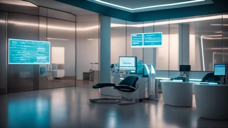 a visually impactful scene depicting a futuristic medical office, bathed in soft, ambient lighting, showcasing advanced digital displays illustrating cpt code changes, highlighting the theme of innovation in healthcare.