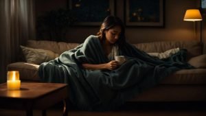 a weary figure draped in a cozy blanket sits on a sofa, surrounded by tissues and herbal tea, embodying the struggle of flu symptoms in a dimly lit room with soft, warm lighting.