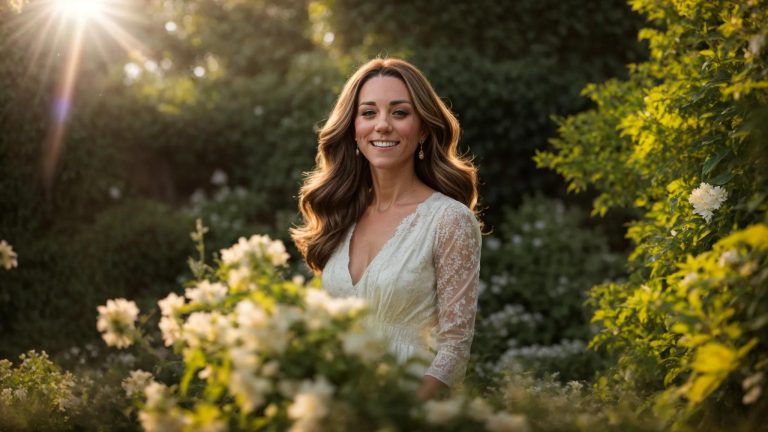 a serene portrait of kate middleton radiating joy and resilience in a sunlit garden, symbolizing hope and renewal in her triumphant journey through cancer remission.