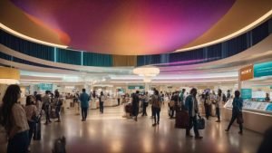 a vibrant, bustling healthcare marketplace filled with diverse individuals engaging in lively discussions while surrounded by colorful booths displaying various health services and resources.