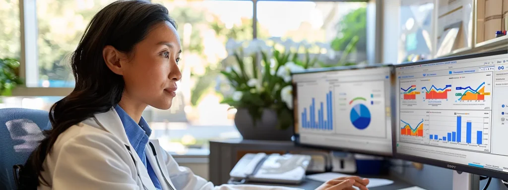 a captivating, modern medical office scene showcasing a healthcare professional analyzing a digital dashboard filled with vibrant graphs and statistics, symbolizing the intricate relationship between capitation agreements and patient care outcomes under soft, natural lighting.