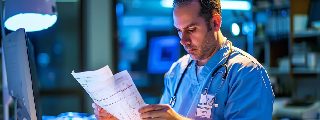 a clear and engaging illustration of a healthcare provider reviewing a detailed medical billing statement, illuminated by soft overhead lighting, capturing the tension and complexity of the allowed amounts versus patient out-of-pocket expenses.