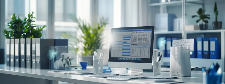 a crisp, focused image of a medical billing office, featuring a sleek computer screen displaying capitation payment models alongside neatly arranged financial documents and a soft, ambient light enhancing the professional atmosphere.