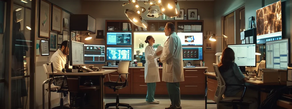 a dramatic office scene showcases a focused medical billing team surrounded by digital screens, highlighting the urgency and complexity of navigating insurance policies and time limits to streamline claims processing and enhance revenue cycle management under warm, ambient lighting.