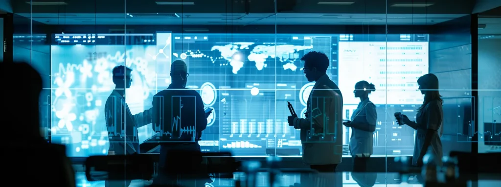 a dynamic and engaging conference room scene capturing healthcare professionals in deep discussion around a sleek digital display showcasing capitation payment models and statistics, illuminated by warm, focused lighting that enhances the atmosphere of collaboration and insight.