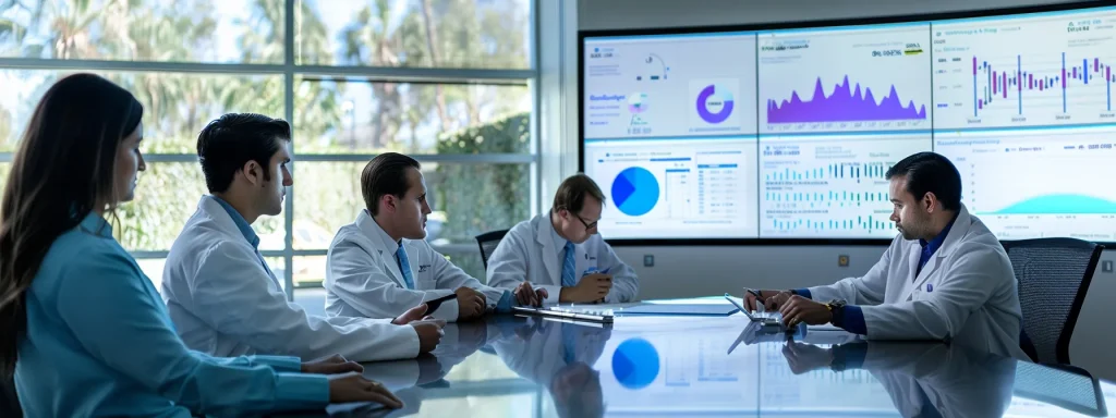 a dynamic and focused team of medical billing professionals collaborates around a large conference table, analyzing charts and metrics under bright, natural light, embodying the theme of continuous improvement in healthcare billing processes.