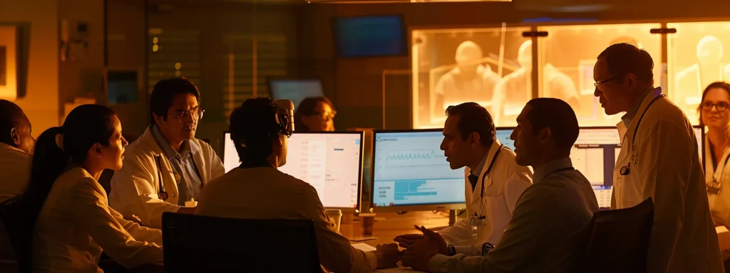 a dynamic, collaborative meeting scene conveys the complexity of medical billing, featuring diverse healthcare professionals engaged in vibrant discussion, illuminated by soft, focused lighting that highlights the intensity of their analysis.
