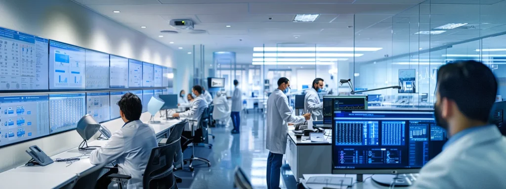 a dynamic healthcare environment bustling with activity, showcasing professionals engaged in streamlined claims processing with digital screens displaying financial data and coding systems, all under bright, focused lighting that highlights the efficiency of revenue cycle management.