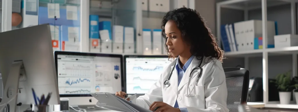 a dynamic healthcare management scene showcasing a confident medical biller analyzing data on advanced software, surrounded by charts and documents that symbolize compliance with billing norms, illuminated by soft, focused lighting to emphasize professionalism.