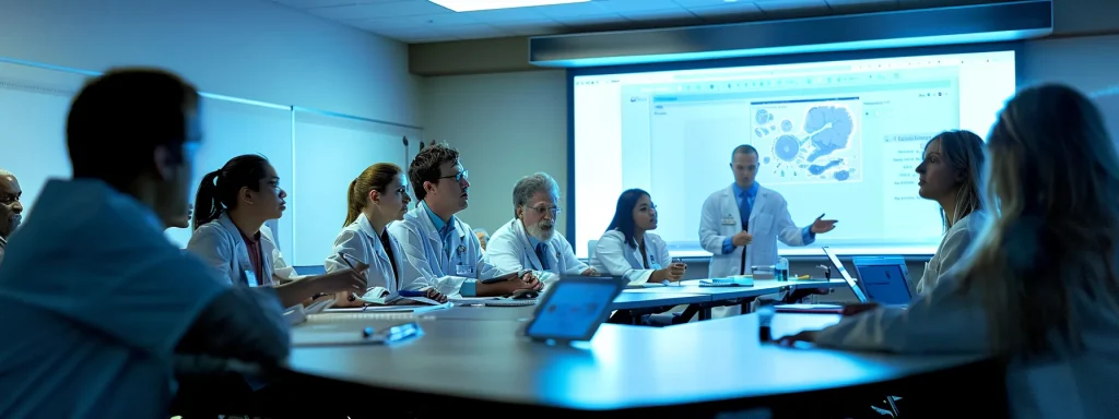 a dynamic training session showcases engaged medical billing staff collaborating over case studies, illuminated by soft overhead lighting, highlighting the importance of best practices in claim management.