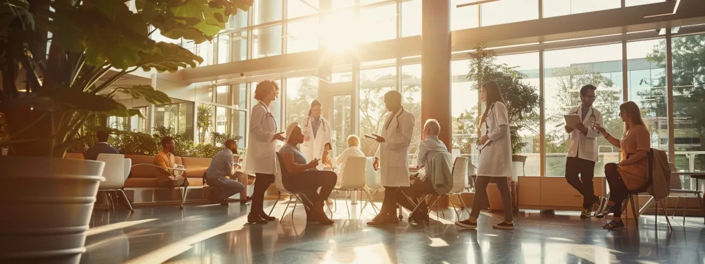 a dynamic visual of a bustling medical office environment, highlighting healthcare professionals engaged in discussions over capitation payment processes, illuminated by warm, natural light filtering through large windows, symbolizing clarity and efficiency in revenue cycle management.