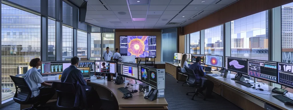 a focused and dynamic office scene captures a team of billing professionals engaged in a collaborative discussion, surrounded by digital screens displaying sophisticated health information technology and orthopedic coding strategies, all illuminated by soft, natural light filtering through large windows.