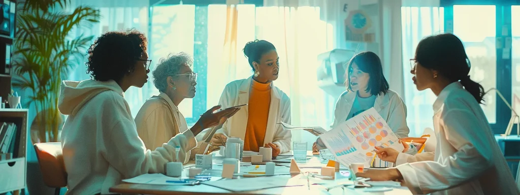 a focused and illuminating scene of a diverse group of patients engaged in a discussion around a financial planning table, surrounded by charts and graphs illustrating coinsurance scenarios, conveying a sense of empowerment and understanding in navigating healthcare costs.