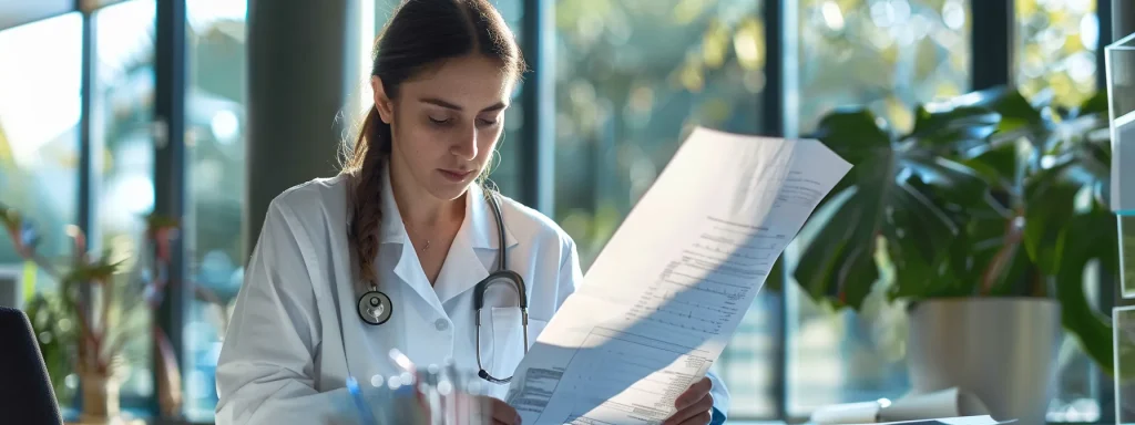 a focused healthcare provider reviews detailed medical billing documentation under bright, natural light, emphasizing the critical process of appealing denied claims in a professional office environment.