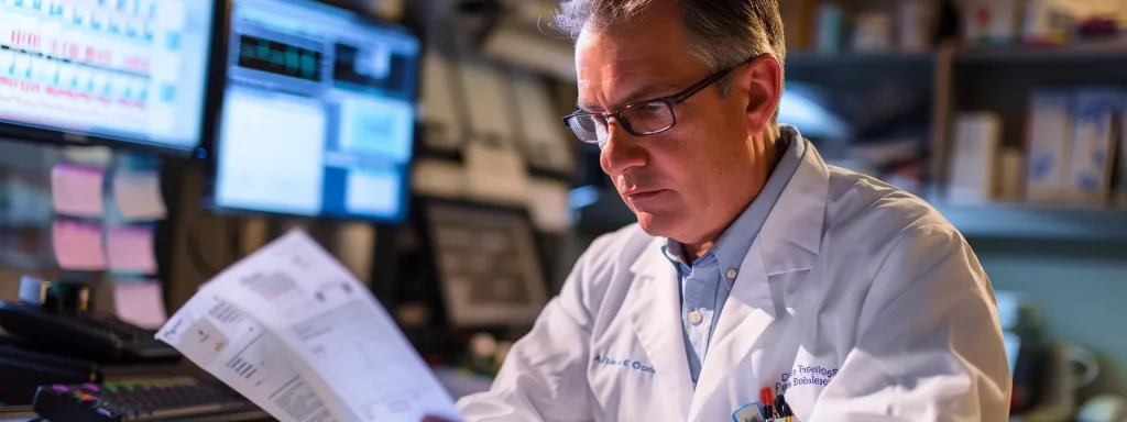 a focused, high-contrast image of a medical billing professional analyzing detailed charts and reports under dramatic office lighting, symbolizing the precision and impact of accurate orthopedic billing practices on financial health.