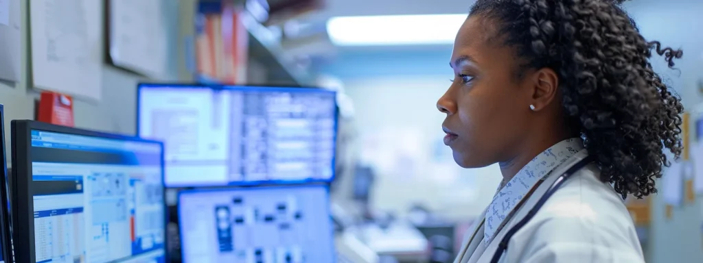 a focused medical billing professional analyzes complex coding on an illuminated computer screen, showcasing a vibrant office environment that embodies efficiency and compliance in healthcare operations.