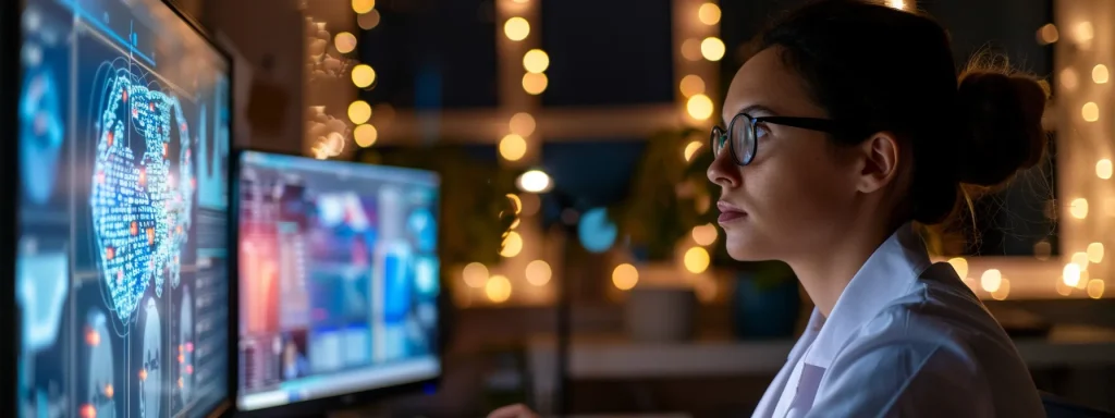 a focused medical billing professional studies a computer screen displaying vibrant training resources and interactive webinars on mastering pos 10 usage in a modern office environment, illuminated by soft, warm lighting.