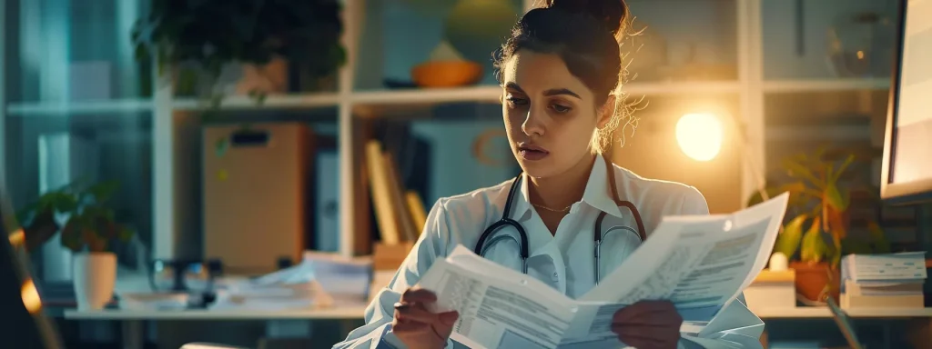 a focused scene captures a thoughtful patient reviewing healthcare documents in a well-lit room, highlighting the theme of informed financial decision-making in healthcare.