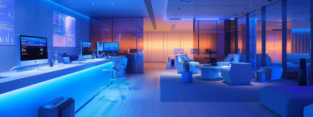 a futuristic healthcare billing office, illuminated by soft, ambient lighting, showcases advanced electronic remittance systems with digital interfaces displaying streamlined payment processes and compliance indicators, reflecting a harmonious blend of technology and human interaction.