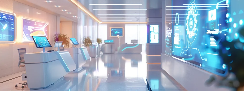 a futuristic healthcare environment showcases a sleek, high-tech point-of-sale system bustling with vibrant digital interfaces, illuminated by soft, ambient lighting that highlights the seamless integration of artificial intelligence and telehealth solutions.