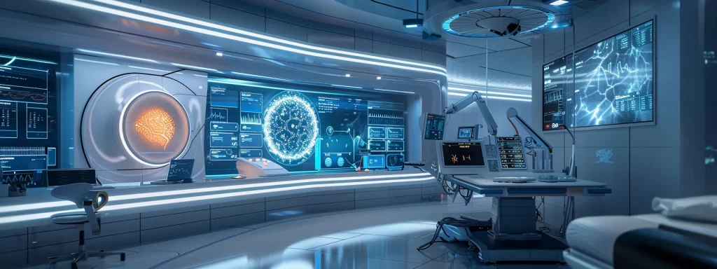 a futuristic healthcare setting showcases advanced ai technology analyzing medical billing data on sleek screens, with vibrant visuals of personalized patient engagement and efficient workflows emphasizing accuracy and cost reduction.