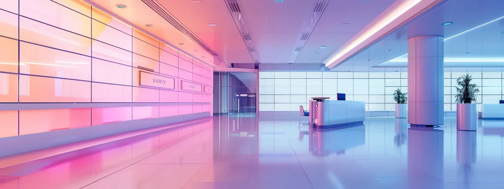 a futuristic hospital reception area showcases sleek, digital interfaces displaying optimized revenue cycle workflows, bathed in soft, ambient lighting that emphasizes the seamless integration of ai technology in healthcare finance.