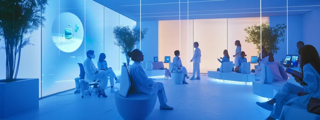 a futuristic office setting showcases a diverse group of professionals analyzing digital data on screens, surrounded by holographic visuals of medical billing regulations and telehealth innovations, bathed in soft blue lighting that emphasizes a collaborative atmosphere.