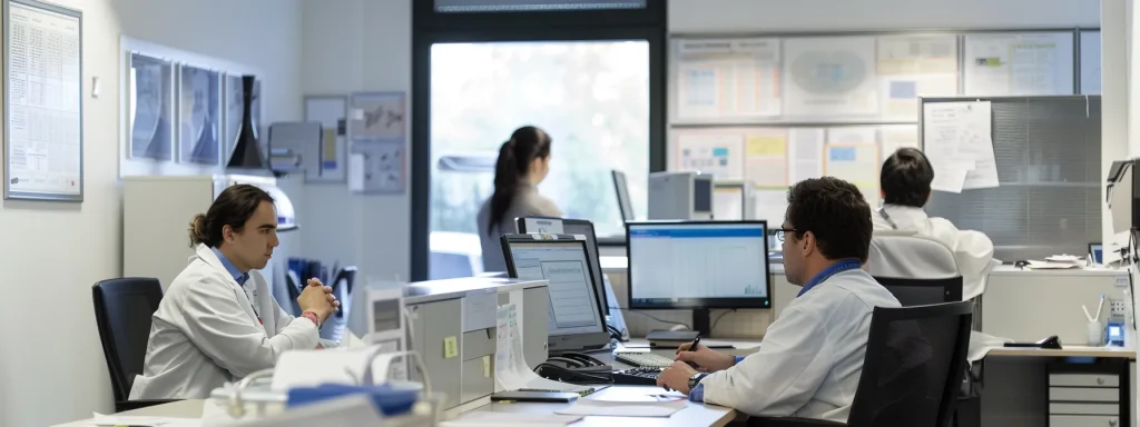 a professional and organized medical billing office, illuminated by soft natural light, showcases a team engaged in a dynamic training session surrounded by charts and reference materials, epitomizing teamwork and accuracy in modifier application.
