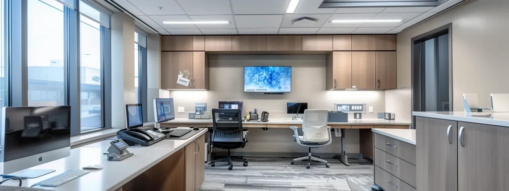 a sleek and modern medical billing office, featuring advanced pos technology and digital dashboards, bathed in soft overhead lighting that emphasizes a clean and efficient workspace focused on optimizing health outcomes.
