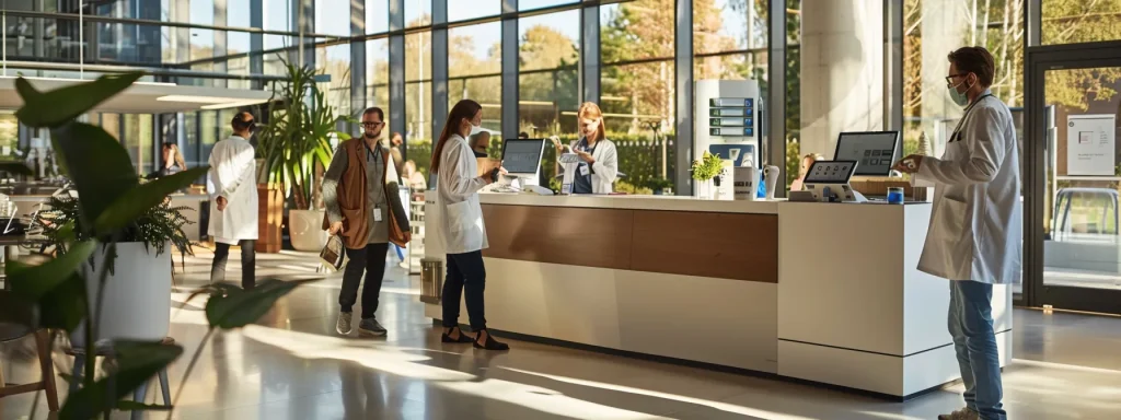 a sleek, modern healthcare environment filled with advanced technology, highlighting a bustling point of sale system surrounded by attentive staff and engaged patients, conveying the theme of overcoming challenges in pos 02 implementation.