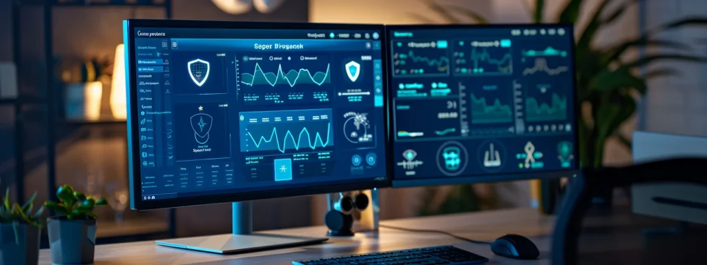 a sleek, modern medical billing software interface illuminated by soft ambient lighting showcases a user-friendly design, surrounded by visual representations of security shields and financial graphs to emphasize efficiency and data protection in healthcare billing.