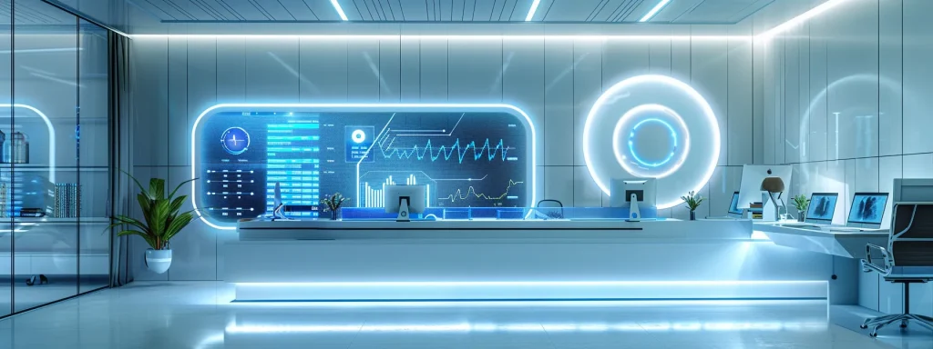 a sleek, modern office setting showcases advanced technology, with a glowing computer screen displaying dynamic medical billing software and data analytics charts, symbolizing efficiency and accuracy in the healthcare billing process.