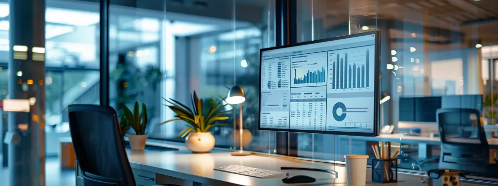 a sleek, modern office space illuminated by soft, natural light, showcasing a large computer screen displaying advanced ai software analytics, symbolizing the transformation of medical billing procedures through technology.