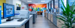 a vibrant and focused image of a medical billing office, showcasing a sleek workspace with modern technology, efficient organization, and an atmosphere of professionalism and precision.
