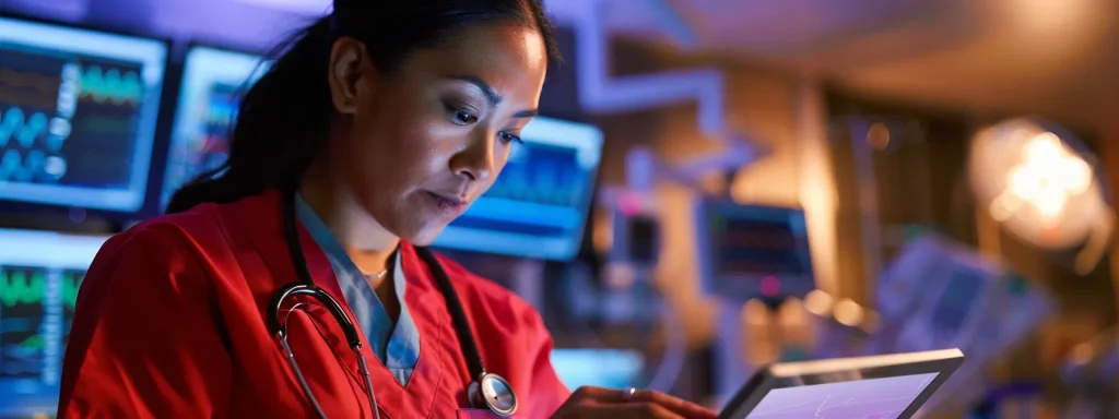 a vibrant, focused photograph of a modern healthcare professional analyzing digital data on a sleek tablet, surrounded by abstract representations of capitation agreements and billing workflows, illuminated by soft, professional lighting.