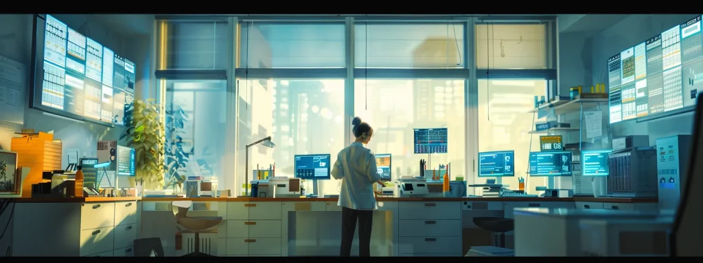 a vibrant, high-tech medical office environment featuring a focused medical coder immersed in digital billing software, surrounded by screens displaying intricate charts and codes, illuminated by soft, natural light filtering through large windows.