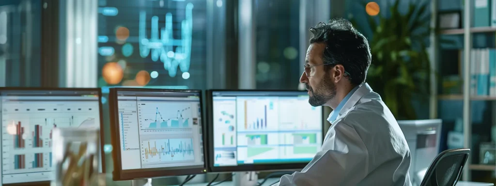 a vibrant office scene features a focused medical billing specialist analyzing complex charts and software displays, illuminated by soft, natural light streaming through large windows, emphasizing precision and efficiency in the calculated reimbursement process.