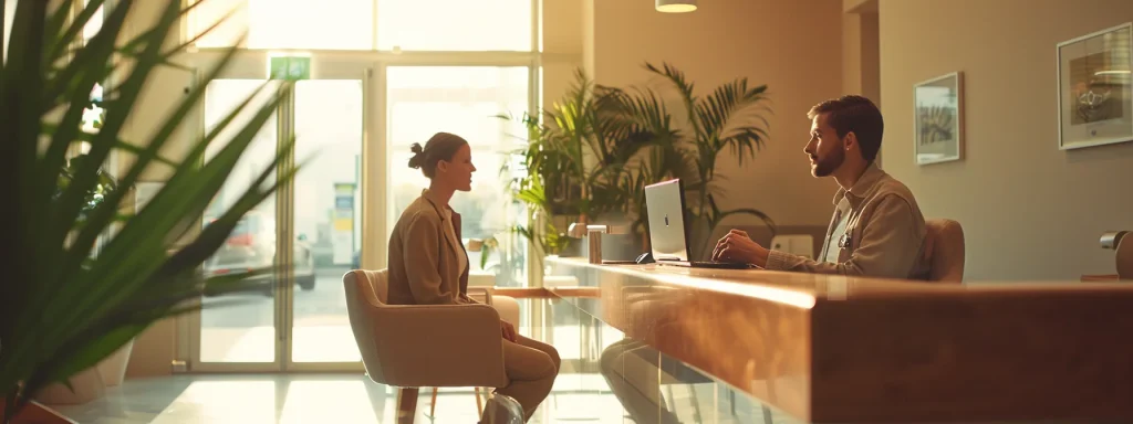 a warm, inviting healthcare reception area with a friendly staff member engaging with a patient, illuminated by soft natural light, symbolizing trust and clear communication in billing practices.