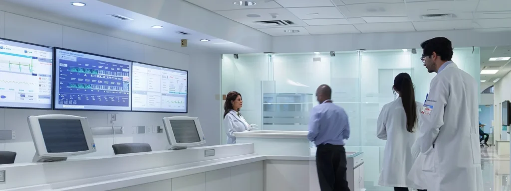 an illuminated healthcare office with professionals engaged in a dynamic discussion about optimizing pos 10 systems, surrounded by sleek technology and charts illustrating operational efficiencies.