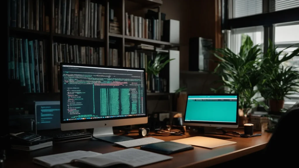 a vibrant, organized workspace filled with coding books, reference materials, and a computer screen displaying an online course, illuminated by soft, natural light, symbolizes the commitment of medical billing professionals to mastering coding resources and collaboration in their field.