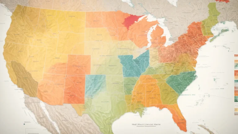 a visually striking scene of a map of the united states, vividly illustrated with varying time limit markers, each state featuring bold, colorful indicators to represent the complexities of medical billing regulations, bathed in warm sunlight to enhance the colors and details.