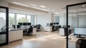 a sleek, modern medical office filled with bright, natural light, showcasing efficient billing software on a high-resolution monitor amidst organized medical records and coding documents.