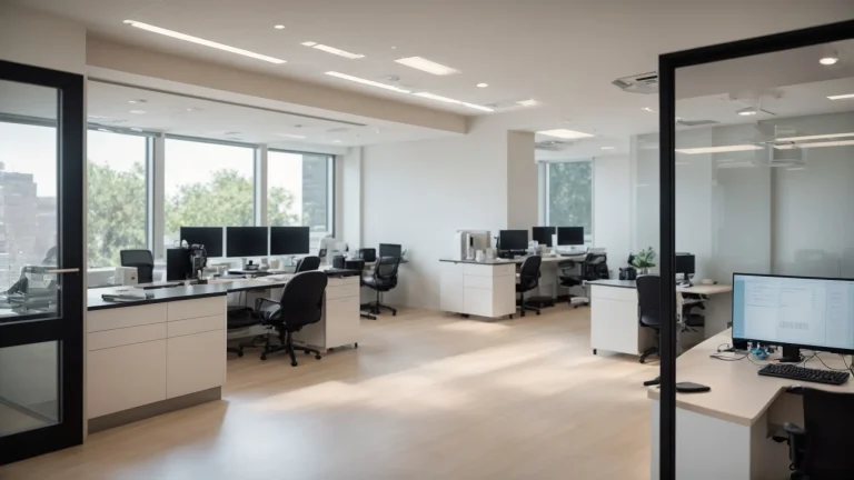 a sleek, modern medical office filled with bright, natural light, showcasing efficient billing software on a high-resolution monitor amidst organized medical records and coding documents.